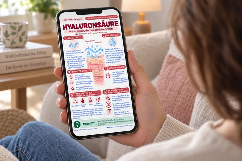 Beispielszene: Das Wissensblatt zu Hyaluronsäure wird auf einem Smartphone in einem Kosmetikstudio gelesen.